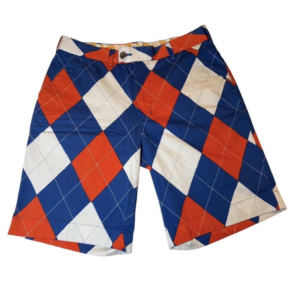 Loudmouth Golf Shorts Men's Sz 32 Argyle Stretch Chino Flat Front‎ Orange Blue